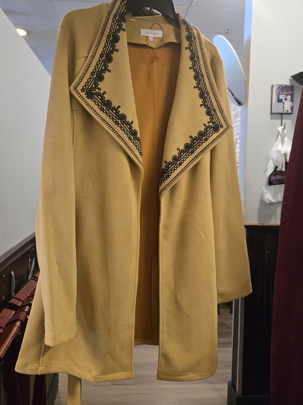 Solitaire Mustard Yellow Embroidered Open Front Coat Size XL